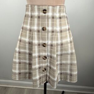 Fashion Nova Beige Plaid Skater Skirt with Front Buttons
